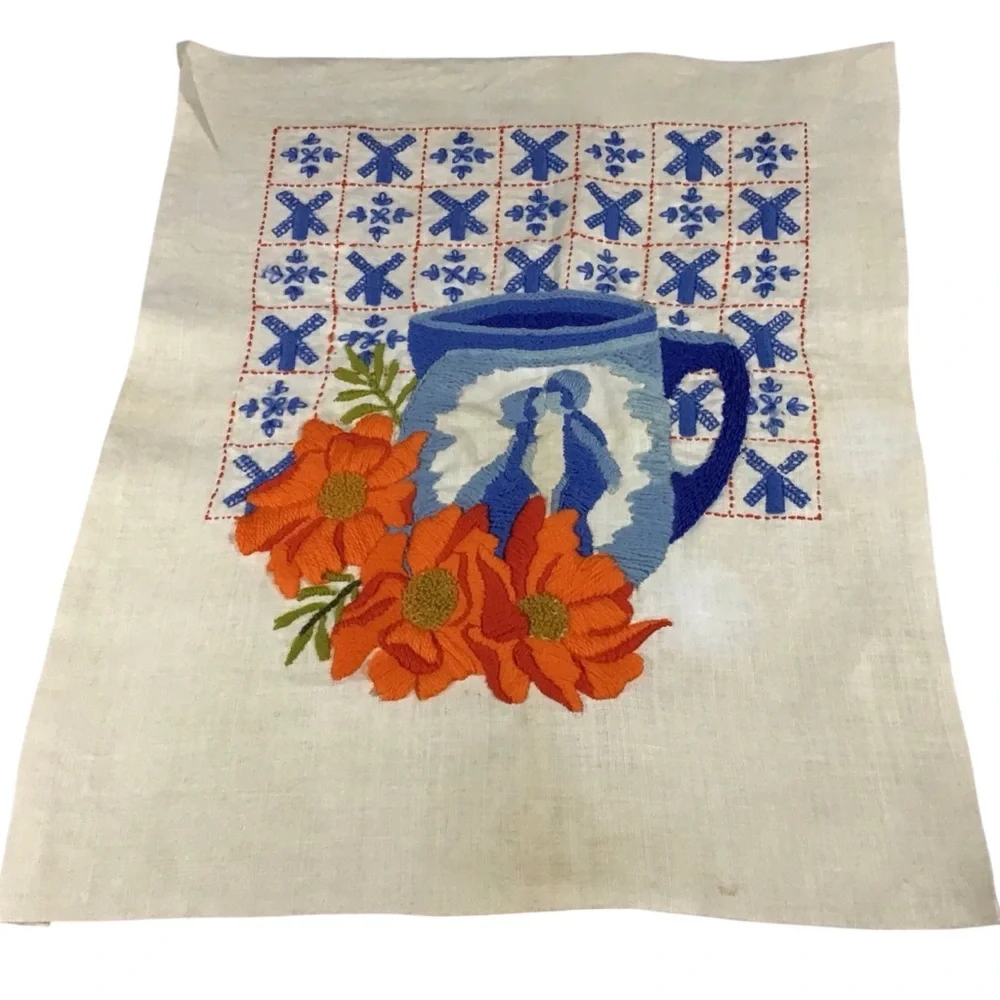 Vtg Embroidered Dutch Windmills Mug Picture Flowers Kissing Blue Orange White
